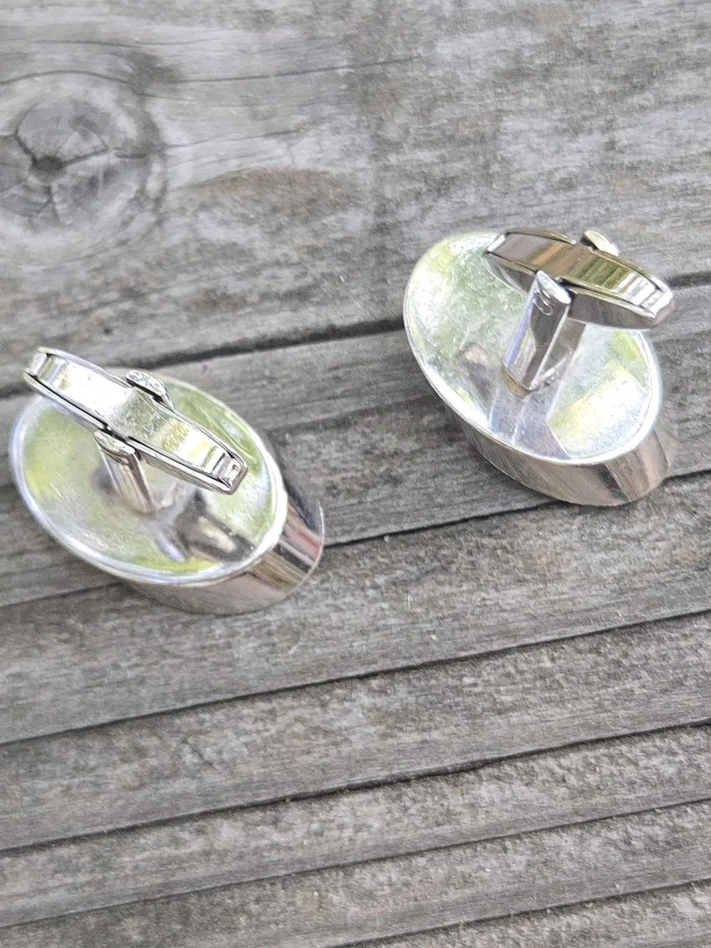 Vintage Sarah Coventry Blue Rivoli Rhinestone Modern Oval Silver Tone Cuff Links